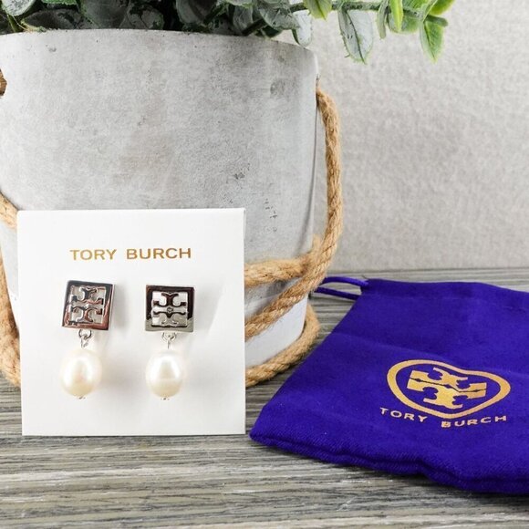 Tory Burch Square Logo Pearl Drop Earrings Silver OS - Picture 3 of 12